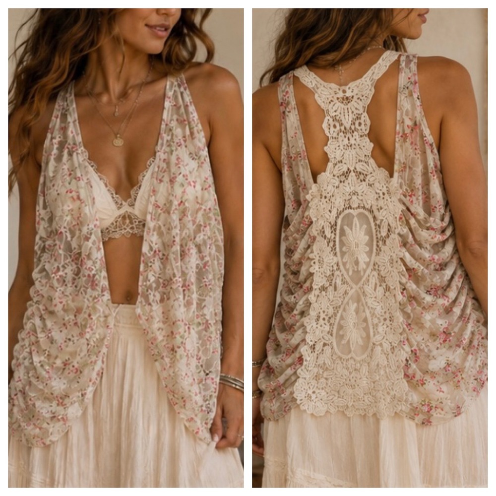 Y2K Boho Lace Floral Ruched Crochet Racerback Vest L Pink Draped Open Front Chic